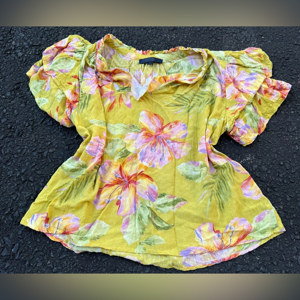 Tropical Floral Women’s Blouse Yellow‎ Multicolor Ruffled Sleeve Blouse Shirt M